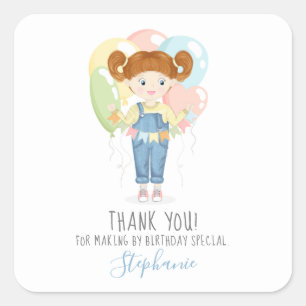 Birthday Girl in Overalls Redhead  Square Sticker