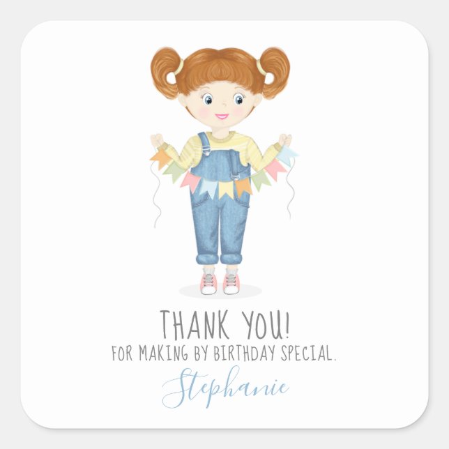 Birthday Girl in Overalls Redhead  Square Sticker (Front)