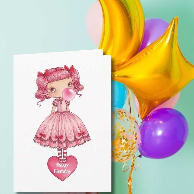 Birthday Girl in Pigtails Lolita dress pink bubble Card (Creator Uploaded)