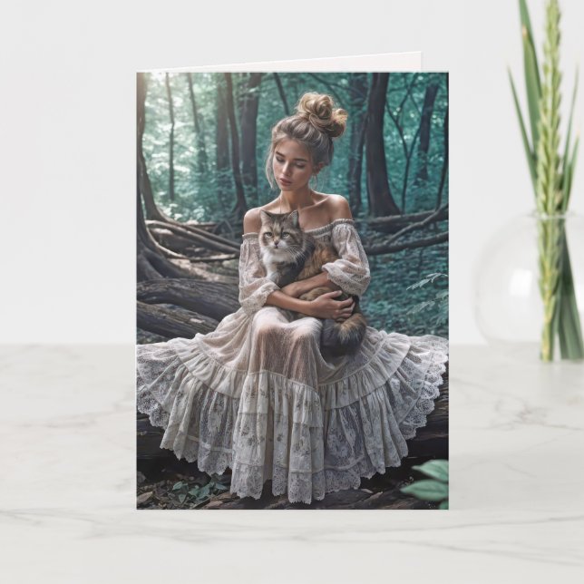 Birthday Girl In Woods With a Cat Card (Front)