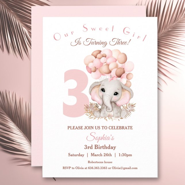Birthday Girl Invitation Cute Pink Elephant  (Birthday Girl Invitation Cute Pink Elephant)