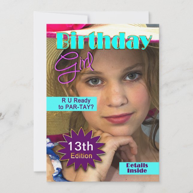 BIRTHDAY GIRL - MAG. COVER - INSERT PHOTO- ANY AGE INVITATION (Front)