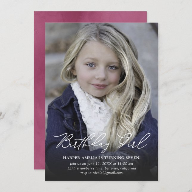 Birthday Girl Modern Calligraphy Birthday Invitation (Front/Back)
