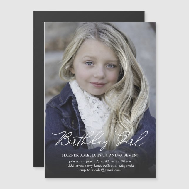 Birthday Girl Modern Calligraphy Birthday Magnetic Invitation (Front/Back)