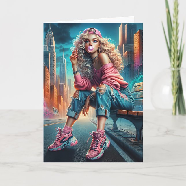 Birthday Girl On City Bench Card (Front)