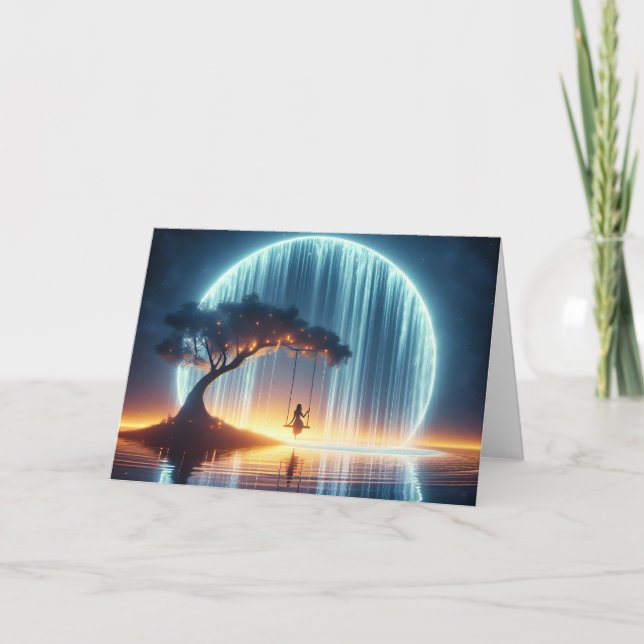 Birthday Girl On Swing In Moon Waterfall Card (Front)