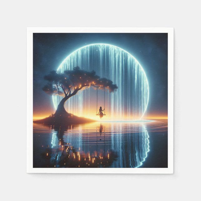 Birthday Girl On Swing In Moon Waterfall Napkin (Front)