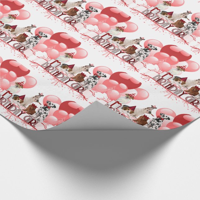 Birthday Girl Pack of Dogs in Pink and Red Wrapping Paper (Corner)