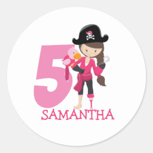Birthday GIRL ParrotParty Pirate 5th Name   Classic Round Sticker
