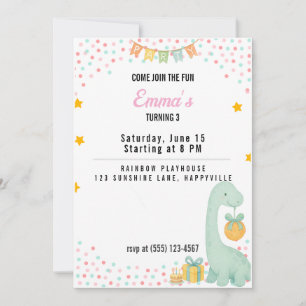 Birthday Girl Party Invitation Turning 3 Dino