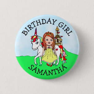 Birthday Girl Personalise Button Princess Unicorn