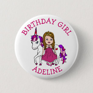Birthday Girl Personalise Button Princess Unicorn