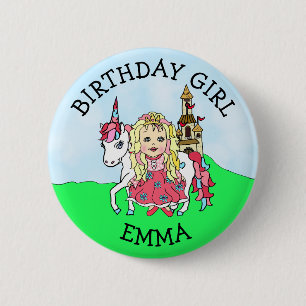 Birthday Girl Personalise Button Princess Unicorn