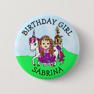 Birthday Girl Personalise Button Princess Unicorn