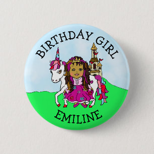 Birthday Girl Personalise Button Princess Unicorn