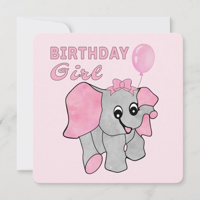 Birthday Girl Pink Baby Elephant   Holiday Card (Front)