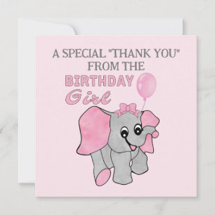 Birthday Girl Pink Baby Elephant   Thank You Card