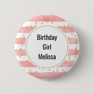 Birthday Girl Pink Blush Stripes Gold Confetti 6 Cm Round Badge