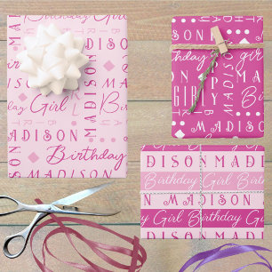 Birthday Girl Pink Cute Add A Name Personalized Wrapping Paper Sheet