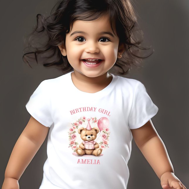 Birthday Girl Pink Cute Bear Floral Name Toddler T-Shirt (Birthday Girl Pink Cute Bear Floral Name Toddler T-shirt)