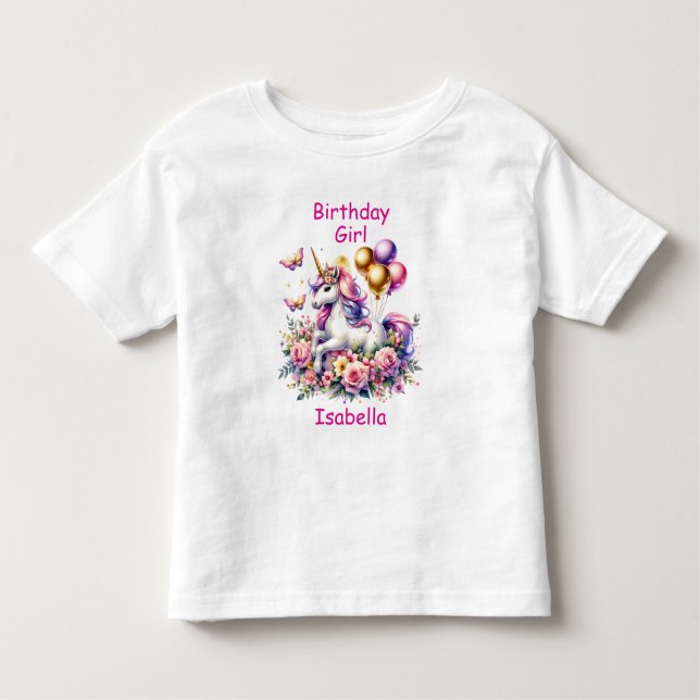 Birthday Girl Pink, Purple and Gold Unicorn Toddler T-Shirt (Front)