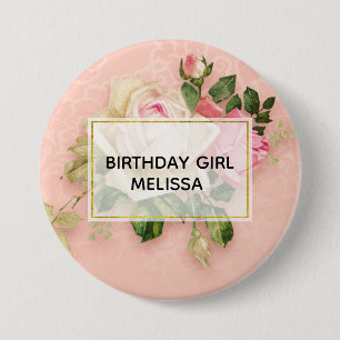 Birthday Girl Pink & White Rose Floral Bouquet 7.5 Cm Round Badge