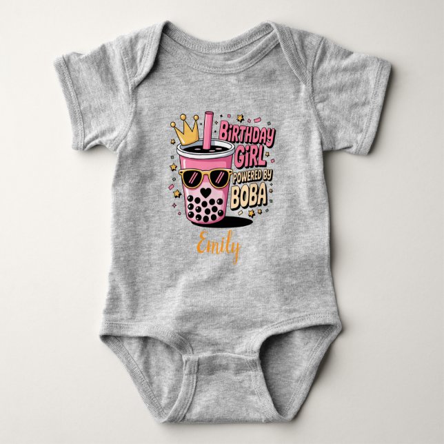 Birthday Girl Powered by Boba Bubble Tea Party Baby Bodysuit (Front)