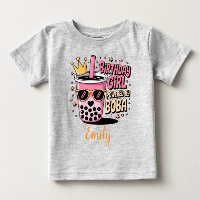 Birthday Girl Powered by Boba Bubble Tea Party Baby T-Shirt (Front)