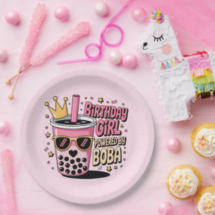 Birthday Girl Powered by Boba Bubble Tea Party Paper Plate