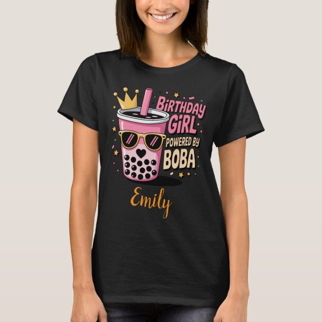 Birthday Girl Powered by Boba Bubble Tea Party T-Shirt (Front)