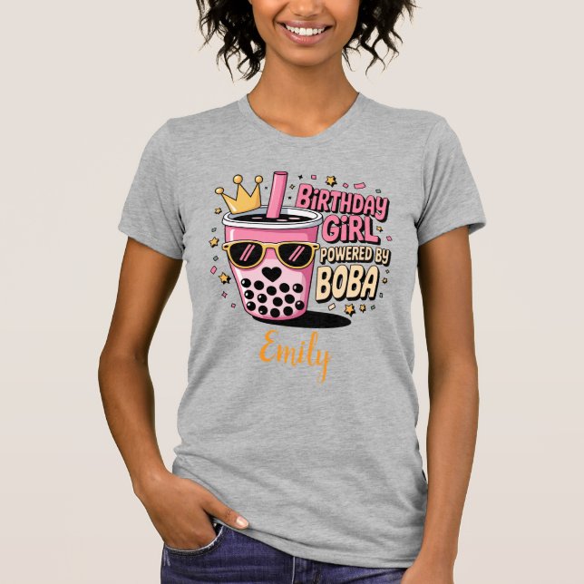 Birthday Girl Powered by Boba Bubble Tea Party T-Shirt (Front)