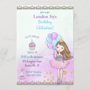 Birthday Girl Princess Cupcake Balloons Lavender Invitation