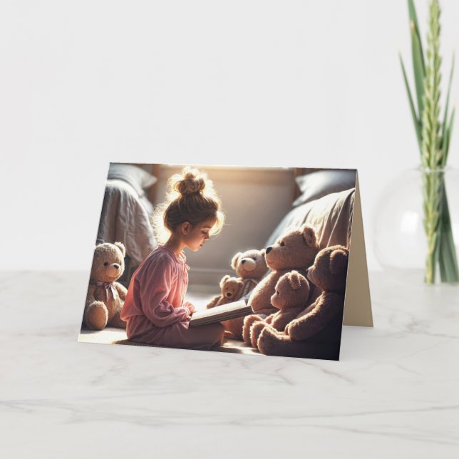 Birthday Girl Reading To Teddy Bears Card (Front)