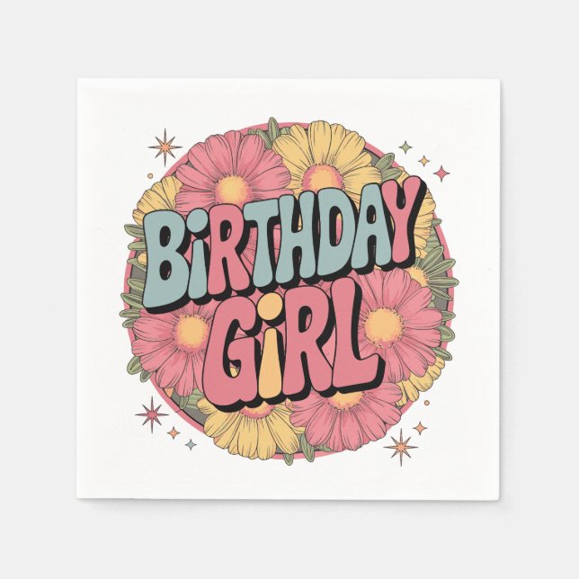 Birthday Girl - Retro Floral Celebration Napkin (Front)