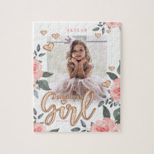 Birthday Girl Rose Gold Balloon Letters & Floral Jigsaw Puzzle