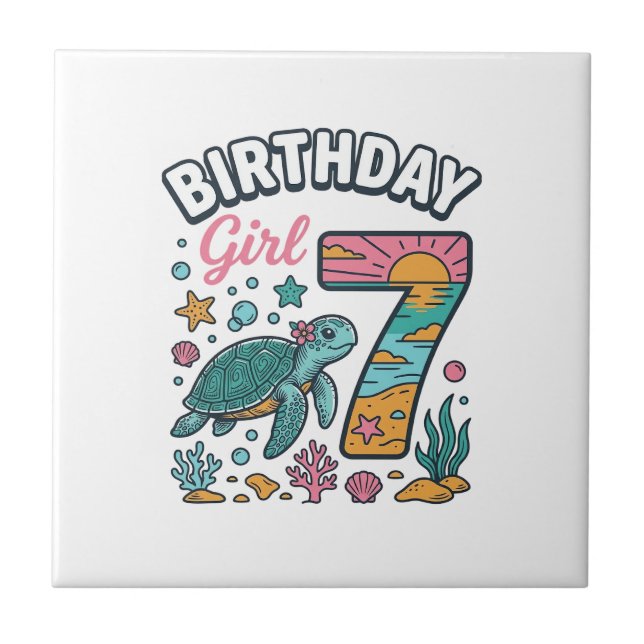 Birthday Girl Sea Turtle 7th Birthday Vector Desig Ceramic Tile (Front)