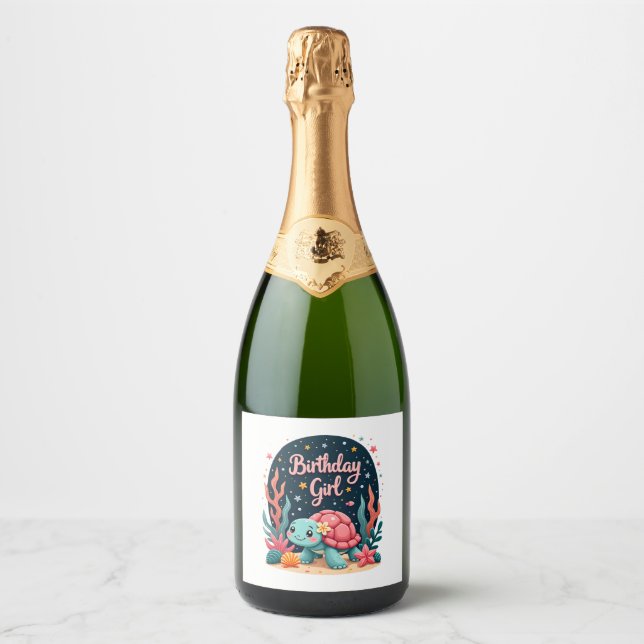 Birthday Girl Sea Turtle Theme Birthday Party Ocea Sparkling Wine Label (Front)