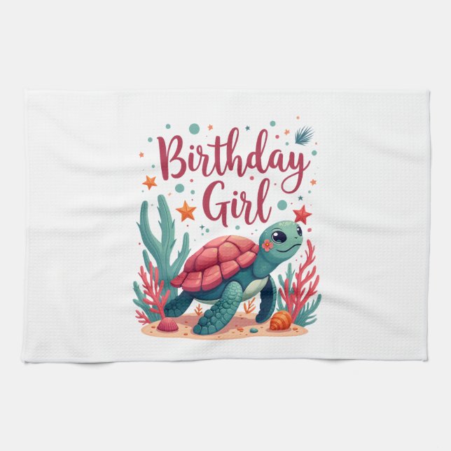 Birthday Girl Sea Turtle Theme Birthday Party Ocea Tea Towel (Horizontal)
