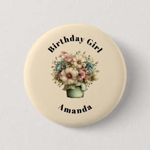 Birthday Girl Whimsical Flowers in a Planter Pot 6 Cm Round Badge
