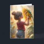 Birthday Girl With Glowing Sunflower Card<br><div class="desc">Cute little girl enjoying a yellow sunflower with a sunbeam background for birthday.
Text is editable.</div>