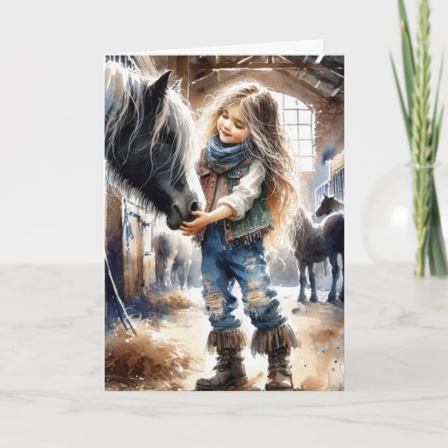 Birthday Girl With Horse In Stable Card (Front)