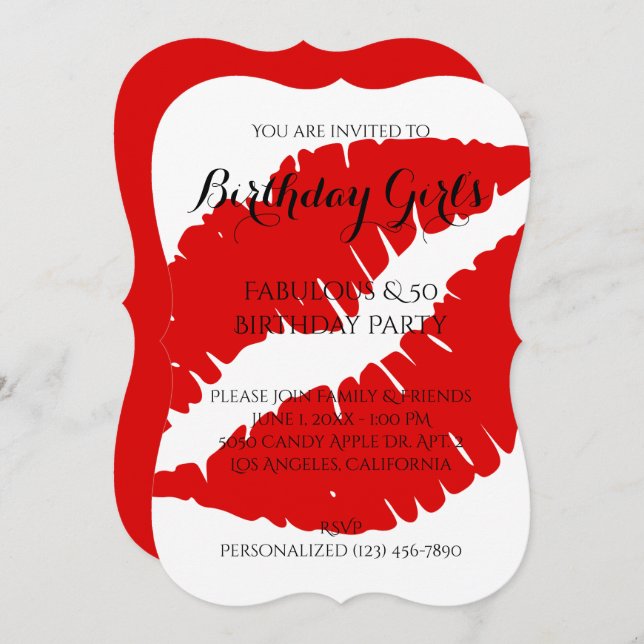 Birthday Girl's Fabulous & 50 Bright Red Lipstick Invitation (Front/Back)