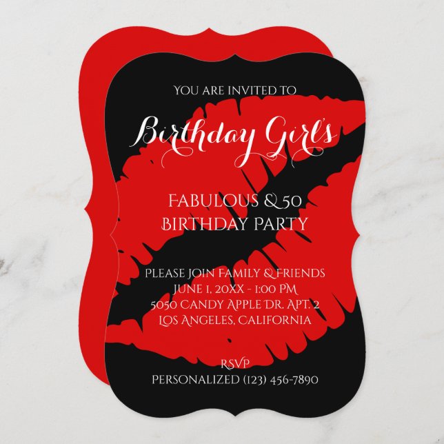 Birthday Girl's Fabulous & 50 Bright Red Lipstick Invitation (Front/Back)
