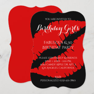 Birthday Girl's Fabulous & 50 Bright Red Lipstick Invitation