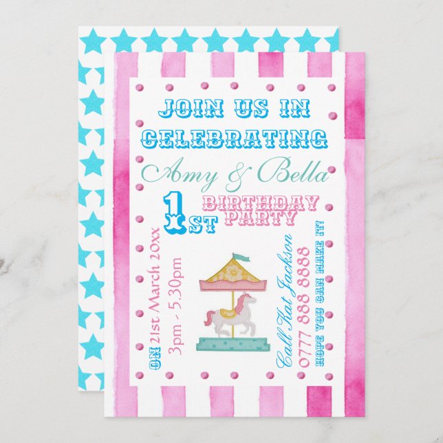 Birthday Girls Party Invitation - Carousel Theme (Front/Back)