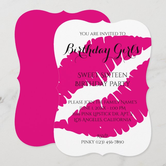 Birthday Girl's Sweet Sixteen Hot Pink Lipstick Invitation (Front/Back)