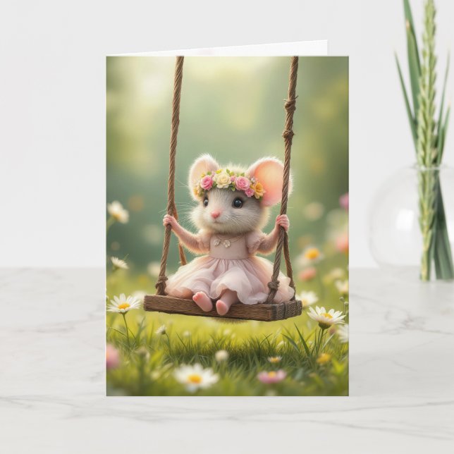 Birthday Girly Mouse On a Swing Card (Front)