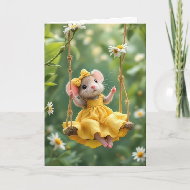 Birthday Girly Mouse On a Swing Card (Front)