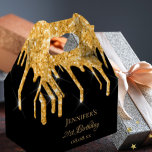 Birthday glitter black gold drips monogram name favour box<br><div class="desc">Elegant, classic, glamorous and girly for a 21st (or any age) birthday party favors. A chic black background color. On the front and the back: Personalize and add a name, age 21 and a date. The name is written with a modern hand lettered style script. Decorated with faux gold drips,...</div>