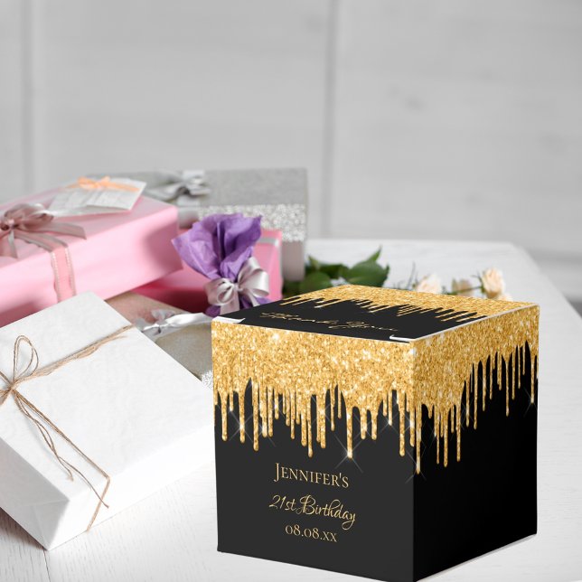 Birthday glitter black gold sparkle monogram name favour box (Creator Uploaded)